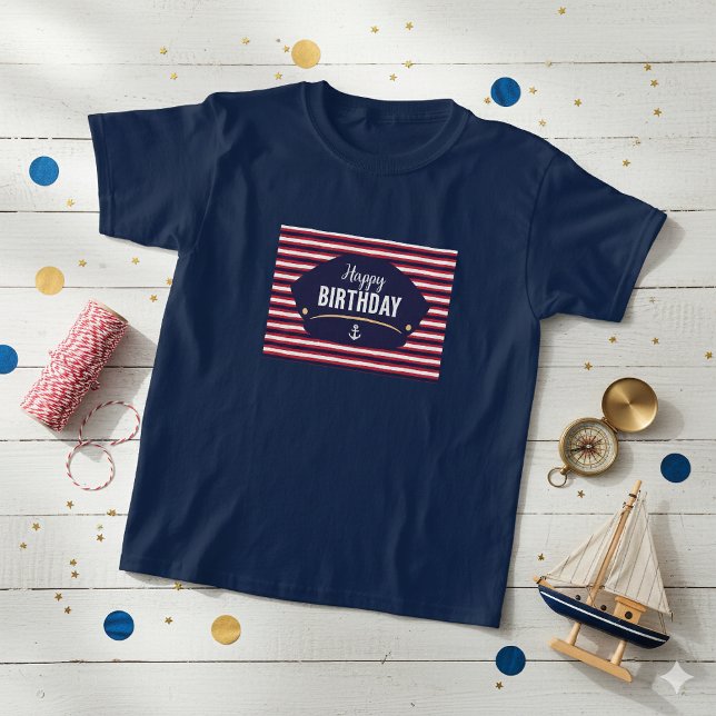 Camiseta Nautical Happy Birthday Kids T-Shirt – Navy & Red  (Criador carregado)