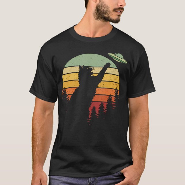Camiseta Nave Espacial Alien Ufo Gato Divertido Espaço Vint (Frente)