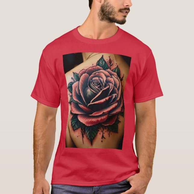 Camiseta Navegação Sagrada: Rosa do Estilo de Tatuagem Comp (Frente)