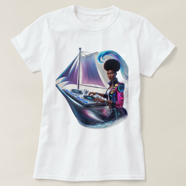 Camiseta Navegador Sônico: DJ Direcionando Através de Ondas (Frente do Design)