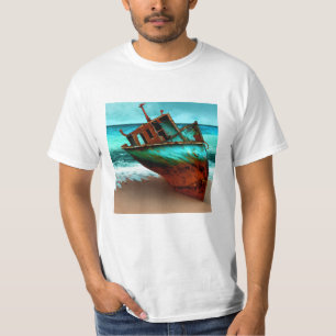 Camiseta Navio Abandonado numa Praia Arenosa