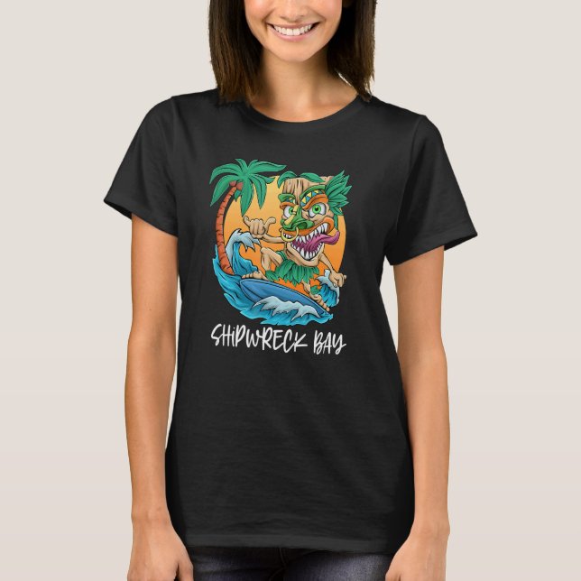 Camiseta Navio Baía New Zelândia Palm Tree Surfing Beach (Frente)