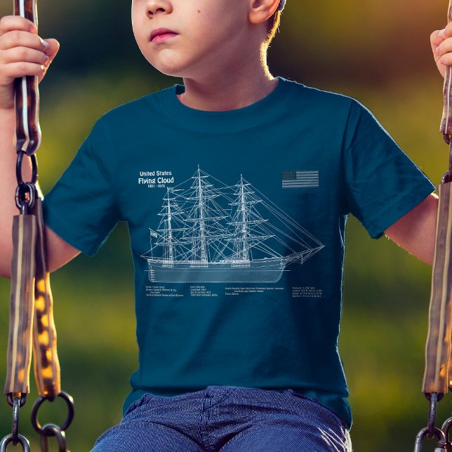 Camiseta Navio Clipper Flying Cloud - Planta ABD (Clipper Ship Flying Cloud - Blueprint ABD. Boy Basic Blue T-Shirt )