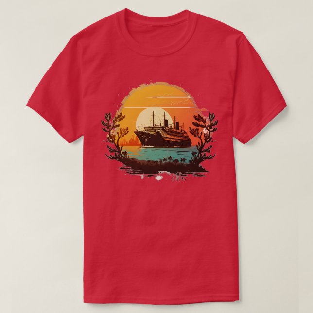 Camiseta Navio de cruzeiro em frente a um pôr do sol antigo (Frente do Design)
