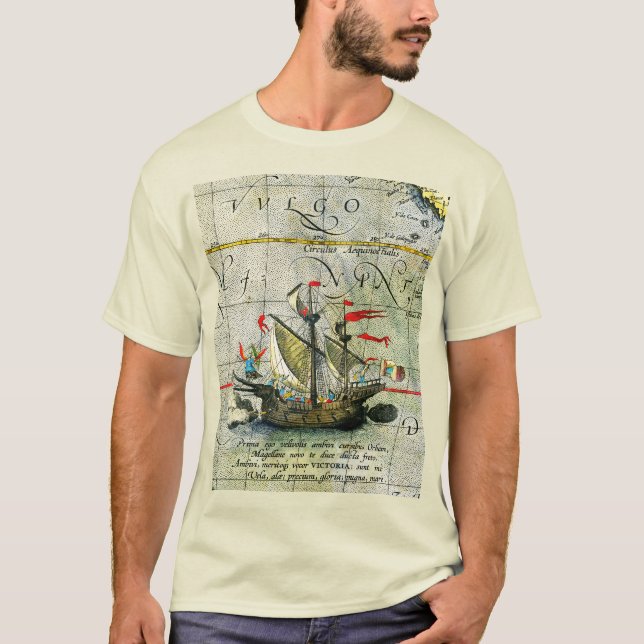 Camiseta Navio de Magalhães Victoria, Mapa Antiquado do Oce (Frente)