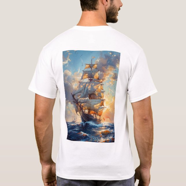 Camiseta Navio majestoso alto no mar Óleo de pintura T-Shir (Verso)