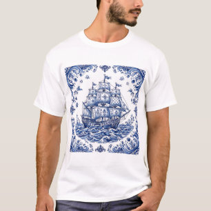 Camiseta Navio Mercante Estilo Delft Azul e Branco