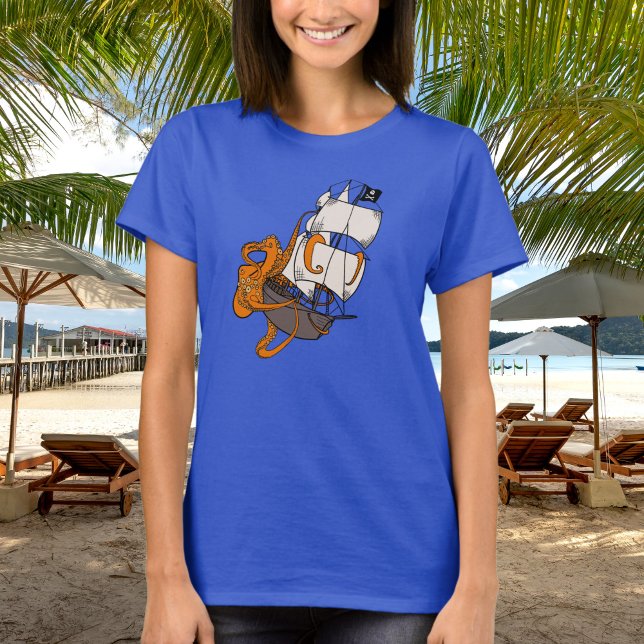 Camiseta Navio-pirata gigante de polvo de raken-laranja (Criador carregado)