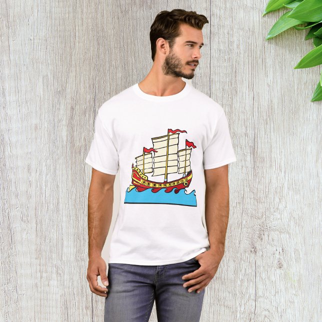 Camiseta Navio Tradicional Vermelho da China em Ondas Azuis (Criador carregado)