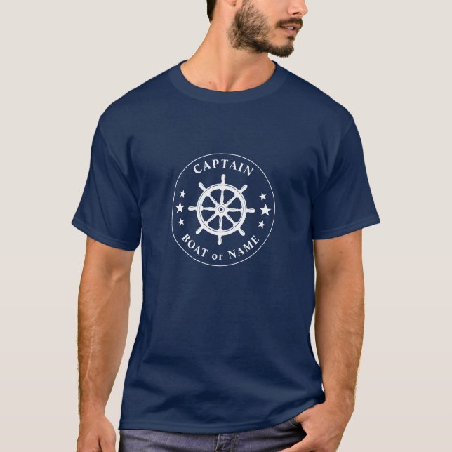 Camiseta Navios Helm Wheel Stars Capitão ou Marinho de Nome (Frente)