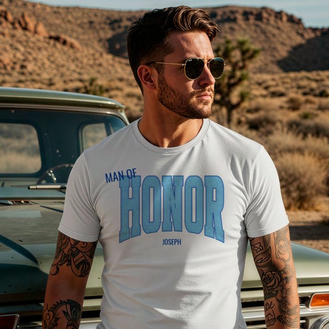 Camiseta Navy + Azul Brilho Falso Varsity HOMEM DE HONRA (Personalize with names, dates, locations or events)