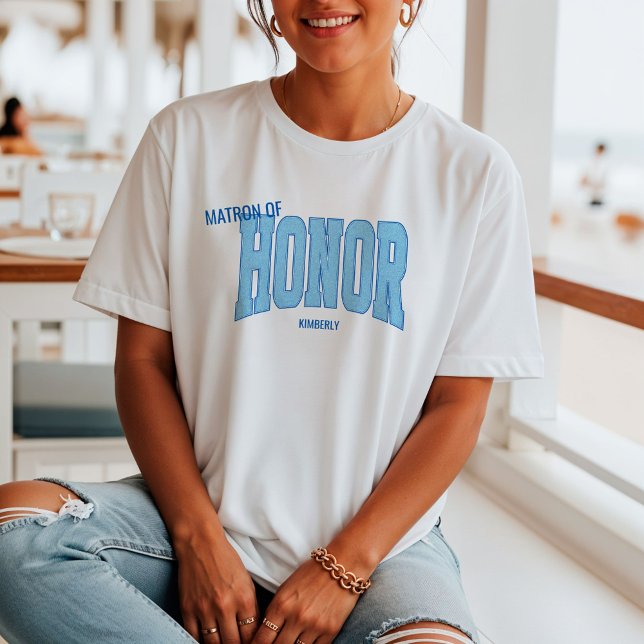 Camiseta Navy + Blue Faux Glitter Varsity MATRON OF HONOR (Personalize with names, dates, locations or events)