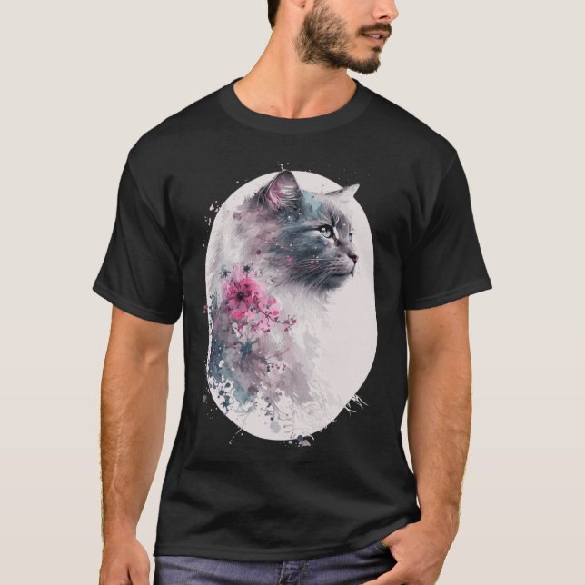 Camiseta Nebelung Cat Cherry Blossom Japonês Sakura (Frente)