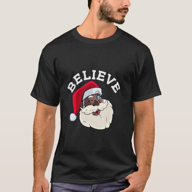 Camiseta Negra Acredita Pai Natal Americano de Natal (Frente)