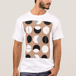 Camiseta Negra, círculos brancos, fundo castanho.