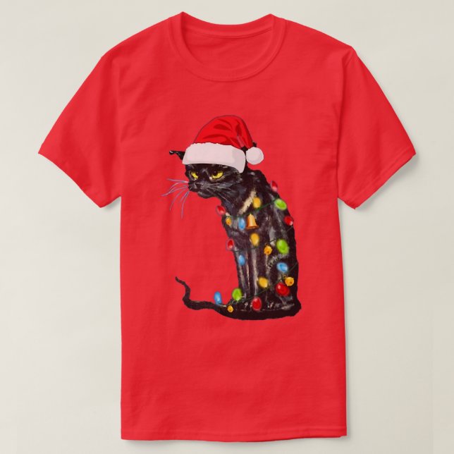 Camiseta Negra Engraçada Natal Engraçado Gato Noite de Nata (Frente do Design)