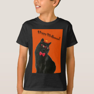 Camiseta Negra Gato Feliz Halloween Menino/Menina