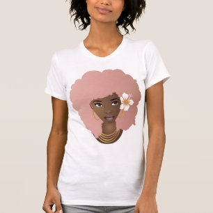Camiseta Negra, rosa afro, flor em seu cabelo natural