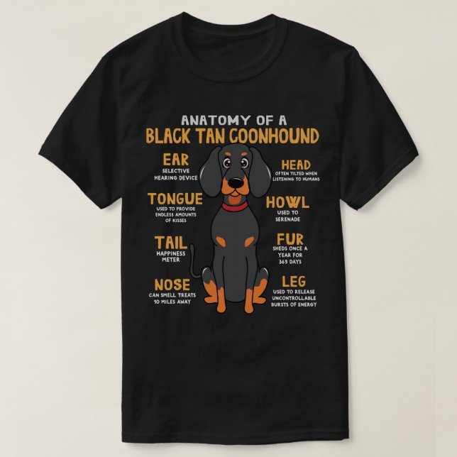 Camiseta Negra Tan Coonhound Anatomia Engraçado Cachorro Mã (Frente do Design)