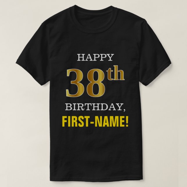 Camiseta Negrito, Preto, Falso Dourado 38.º Aniversário com (Frente do Design)