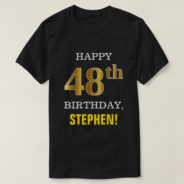 Camiseta Negrito, Preto, Falso Dourado 48.º Aniversário com (Frente do Design)