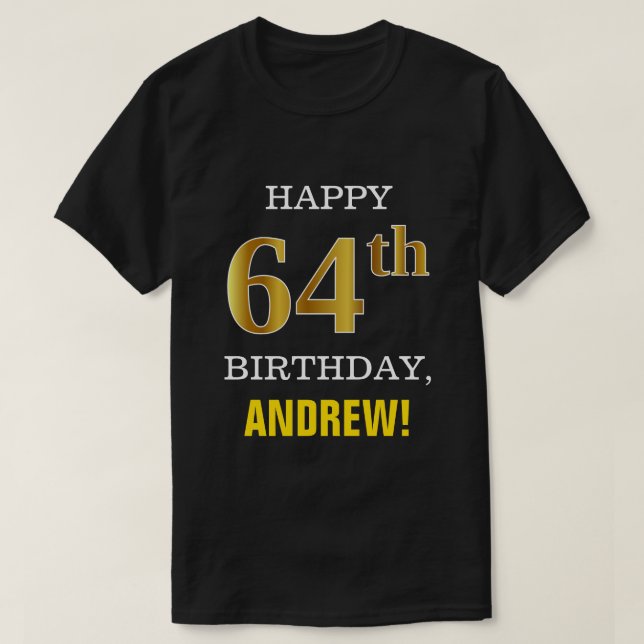 Camiseta Negrito, Preto, Falso Dourado 64.º Aniversário com (Frente do Design)