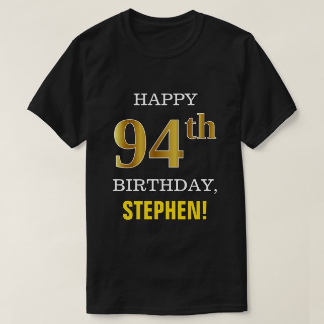 Camiseta Negrito, Preto, Falso Dourado 94.º Aniversário com (Frente do Design)