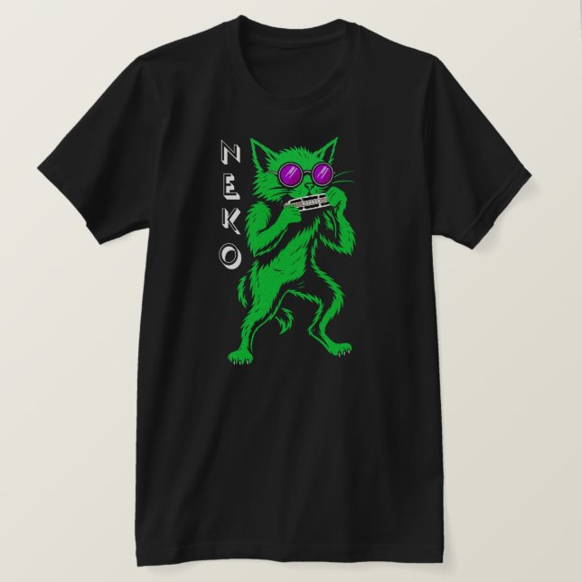 Camiseta Neko Harmonica Blues Cat T-Shirt. Neko significa C (Frente do Design)