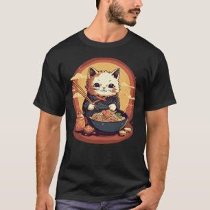 Camiseta Neko Kitty Comendo Ramen Japonês