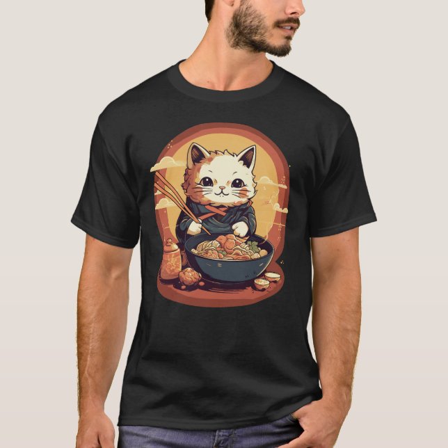 Camiseta Neko Kitty Comendo Ramen Japonês (Frente)