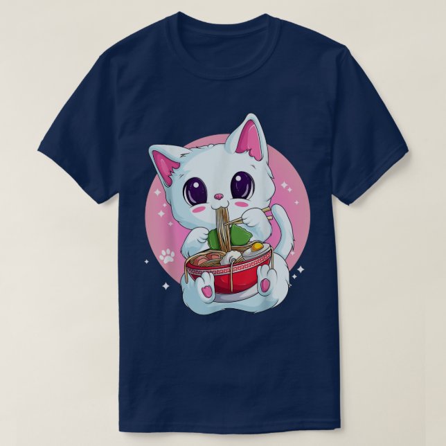 Camiseta Neko Ramen Noodles Shirt Women Girls, Kawaii Anime (Frente do Design)