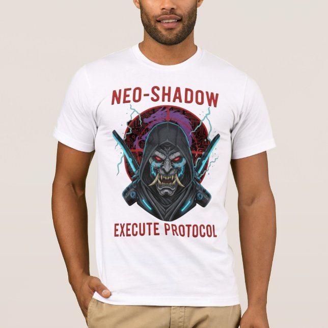Camiseta Neo-Sombra Executar Protocolo - Cyberpunk (Frente)