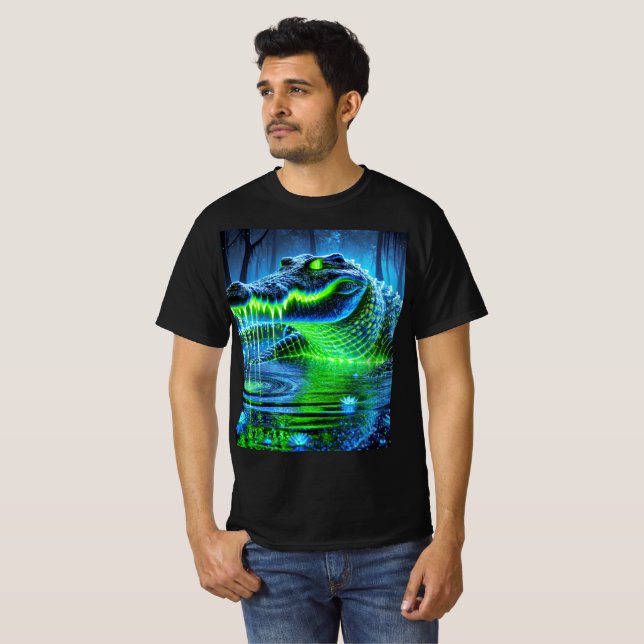 Camiseta Neon Bioluminescent Crocodilo T-Shirt Design. (Frente Completa)