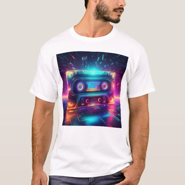 Camiseta Neon Cassette Tape Retro Design (Frente)