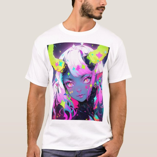 Camiseta Neon Colorful Kawaii Demon Anime Girl (Frente)