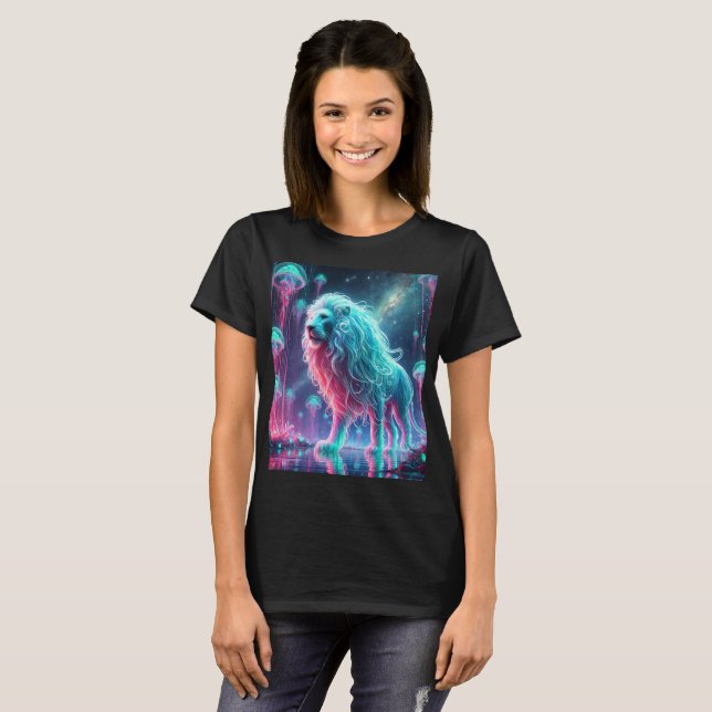 Camiseta Neon Cosmic Lion T-Shirt Design. (Frente Completa)