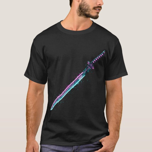 Camiseta ​Neon Cyber-Katana: Digital Blade Tech T-Shirt (Frente)