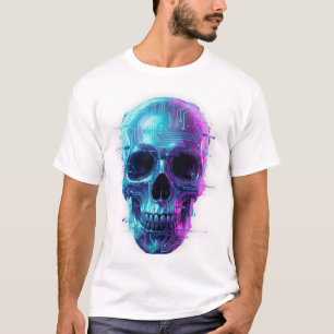 Camiseta Neon Cyber Skull Branca – Rua Futurista