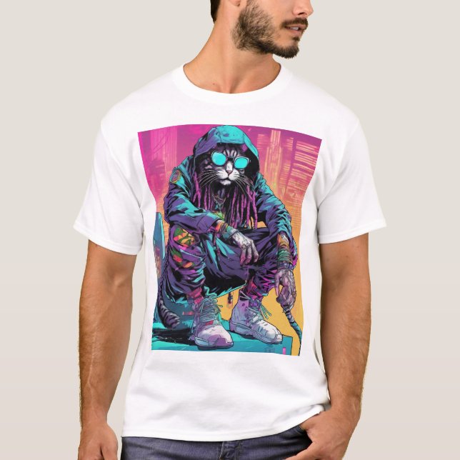 Camiseta Neon Cyberpunk Rastafari Cat (Frente)