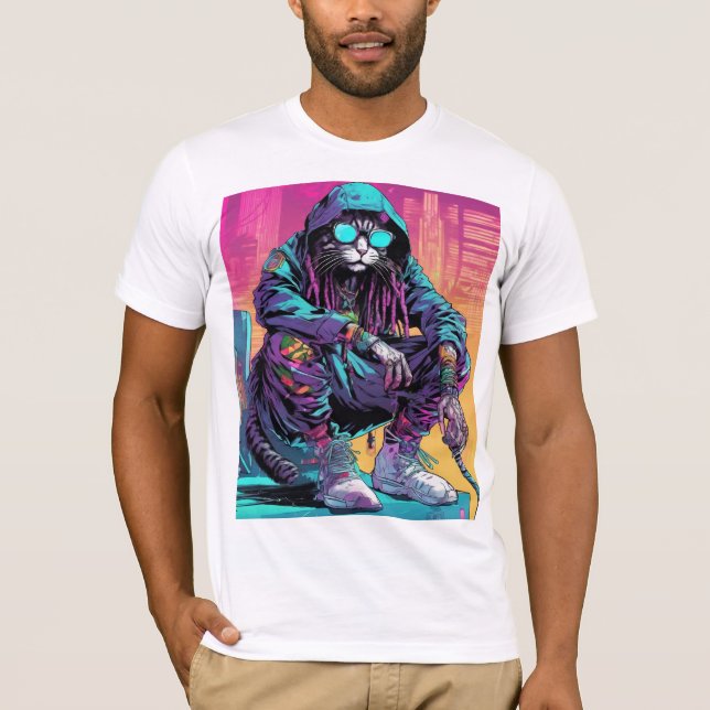 Camiseta Neon Cyberpunk Rastafari Cat (Frente)