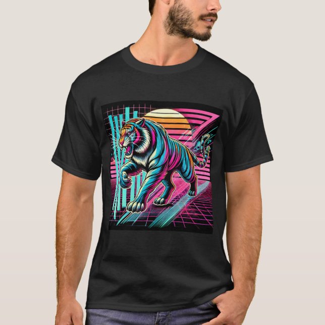Camiseta Neon Cyberpunk Tiger - Estética Retro-Futurística (Frente)