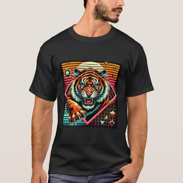 Camiseta Neon Cyberpunk Tiger Retro Synthwave Design (Frente)
