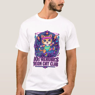 Camiseta Neon de Aeróbica dos Anos 80 Gato Divertido Design