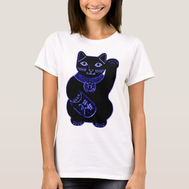 Camiseta néon do azul do neko do maneki (Frente)