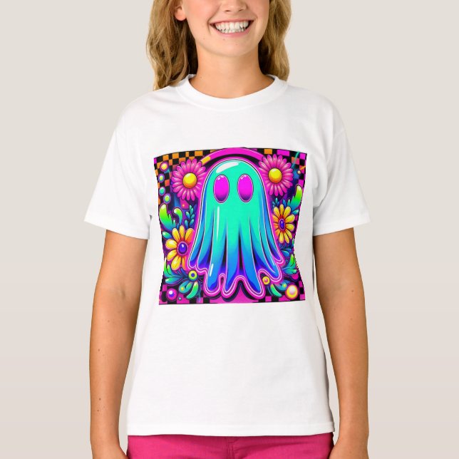 Camiseta Neon Floral Retro Ghost Halloween (Frente)