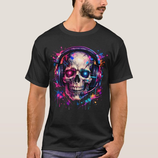 Camiseta Neon Gamer Skull Graffiti Paint Splatter T-Shirt (Frente)