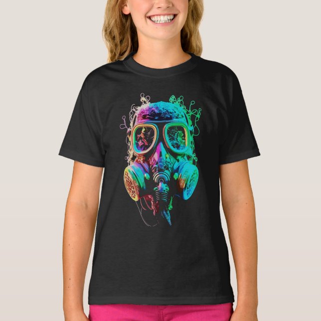 Camiseta Neon Gas Mask: Vibrant Chaos Art (Frente)