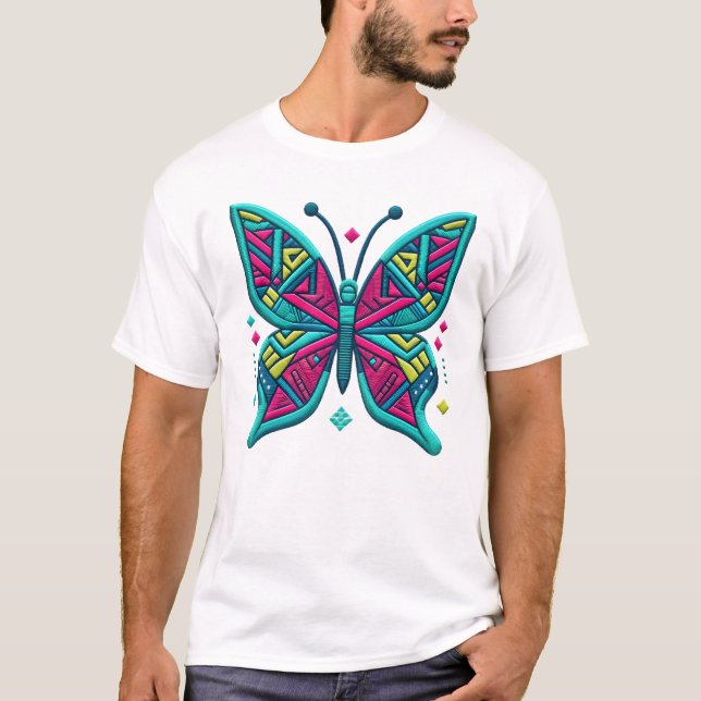 Camiseta Neon Geo Butterfly Iron On Patch Art (Frente)
