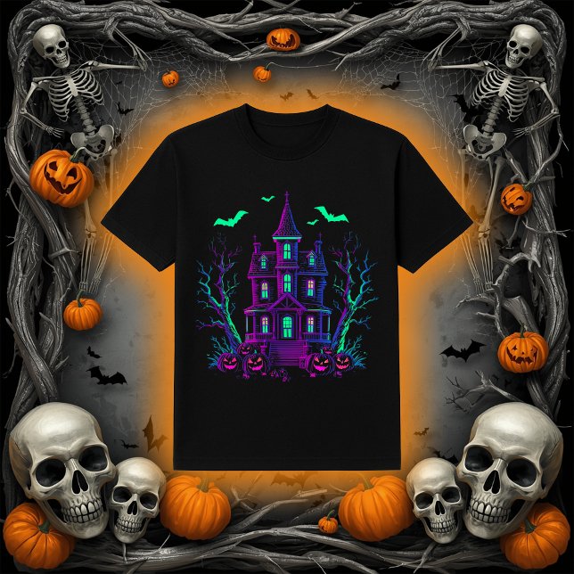 Camiseta Neon Glow Haunted House Bats and Pumpkins (Criador carregado)