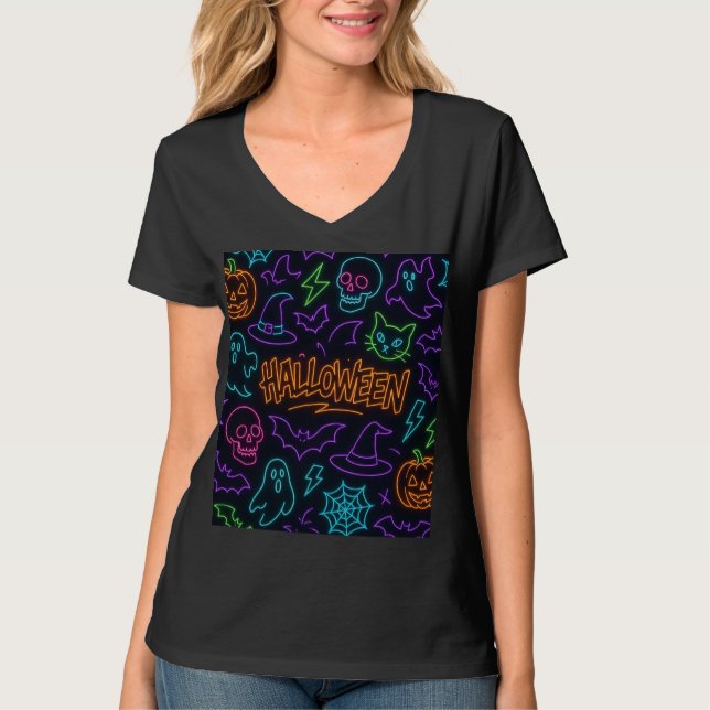 Camiseta Neon Halloween Pattern Ghosts Pumpkins Bats (Frente)